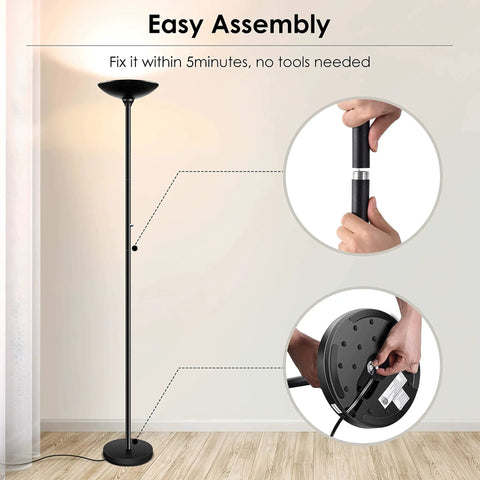 Torchiere LED Floor Lamp 70 Inch Tall Stepless Dimmable Pole Lamp With 3600 Lumens At 3000K Warm Light Rotary Dial Switch Metal Modern Black Room Filling Brightness Standing Lamp For Living Room And Bedroom Cozy Vibes, easy assembly shown