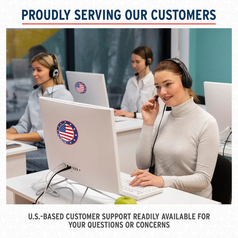 Customer support team answering calls at office with U.S. flag stickers on screens, showcasing friendly service environment.