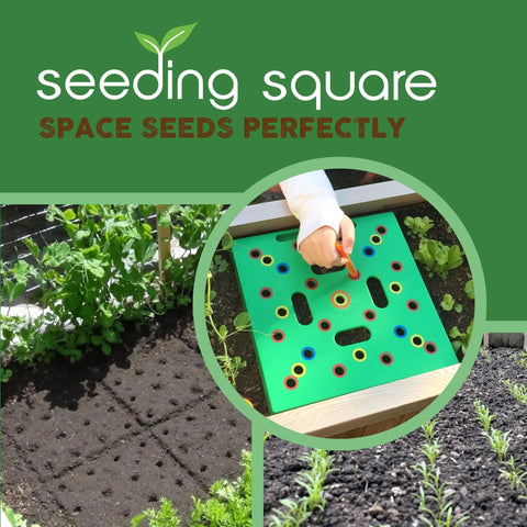 Color Coded Square Foot Garden Spacing Template With Dibber Seed Spoon Ruler And Planting Guide for easy planting and organized rows.