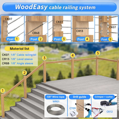 WoodEasy cable railing system diagram featuring 300 Ft One Eighth Inch Stainless Steel Cable Railing Kit For Indoor Outdoor Decks 7x7 Wire Rope Built To Last Durable Hardware Rust Resistant Easy Install Hanging Cable System WR01, with components and installation guide.