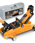 Low-Profile Hydraulic Trolley Floor Jack, 2 Ton Capacity, Lifting Range 5.1 To 13 Inches, Orange, product and case
