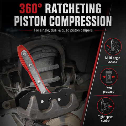 Ratcheting Brake Caliper Piston Compressor And Drum Brake Spring Installer Tool Kit showing 360 degree piston compression