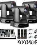 Dope Slick Trio Of Gray 4K PTZ Cameras Featuring 30x Optical Zoom SDI HDMI USB IP Ports Smart Auto Tracking And Nifty Joystick Controller displayed with joystick and accessories.