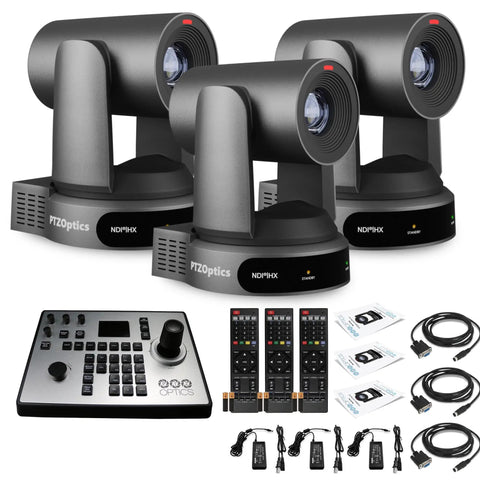 Dope Slick Trio Of Gray 4K PTZ Cameras Featuring 30x Optical Zoom SDI HDMI USB IP Ports Smart Auto Tracking And Nifty Joystick Controller displayed with joystick and accessories.