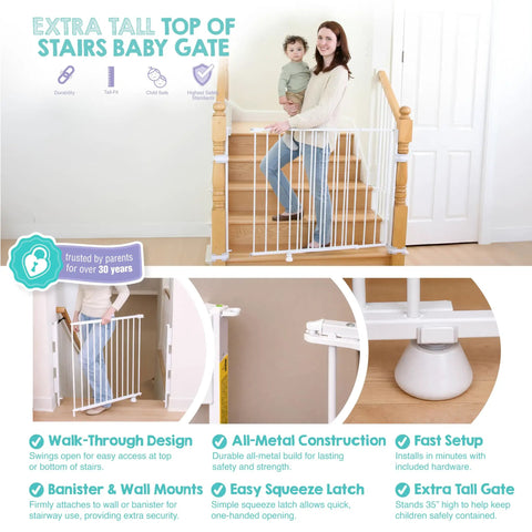 Extra Tall Baby Gate For Stairs And Hallways, 35 Inch High, Expands From 34 To 55 Inches, Hardware Mounted With Banister And Wall Kit