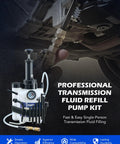 Orion Motor Tech 3L transmission fluid pump kit with gauge and 12 aluminum adapters, front view with vehicle undercarriage.
