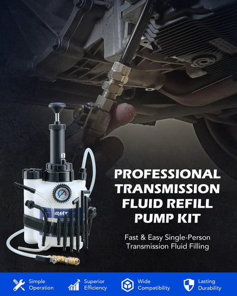 Orion Motor Tech 3L transmission fluid pump kit with gauge and 12 aluminum adapters, front view with vehicle undercarriage.