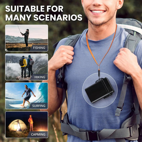 Man wearing Waterproof 84mm EDC Storage Case with lanyard, suitable for fishing, hiking, surfing, camping, showcasing versatility.
