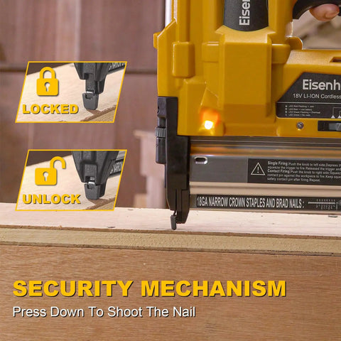 Slick 2In1 Cordless Brad Nailer And Staple Gun Works With 20V Batteries showing security mechanism for safe use.