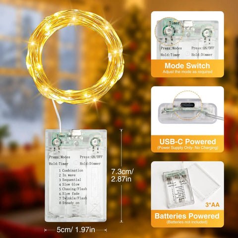 Warm White Fairy Lights Set With 50 LEDs 16 Feet Battery Operated With Timer And USB Power 8 Modes Mini Twinkle String Lights