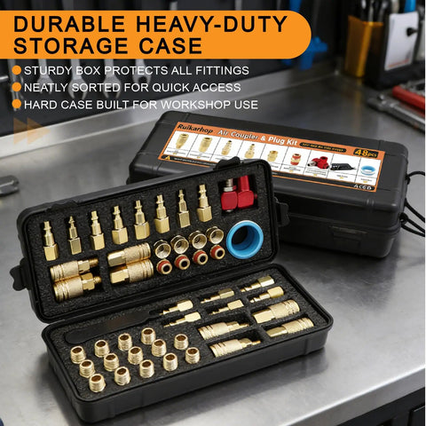 48 Piece One Quarter Inch Quick Connect Air Hose Fittings Kit With Swivel Brass Plated Pneumatic Tool Couplers And Plugs Set For Pneumatic Tools Built To Last Heavy Duty Leak Proof 300 PSI in hard case