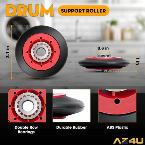 Close-up of drum support roller in Dryer Repair Kit With Drive Belt Idler Pulley And Drum Roller Set For Cabrio Duet Style Dryers