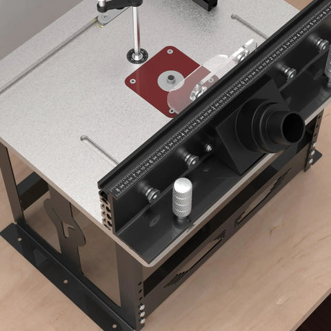 Heavy Duty Bench Top Router Table Rig For Your Home Shop With 16 Inch Tall Cabinet Base And Standard Insert Plate showing user-friendly design and integrated dust port.