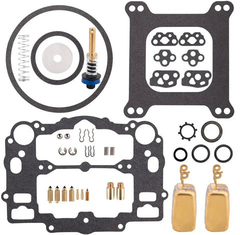 Beefed Up Carburetor Rebuild Kit For 1405 Through 1411 4 Barrel Carbs And Carter AFB 809064 9000 Series Marine With Alcohol Resistant Parts Plus Gaskets, showing gaskets and components for repairs.
