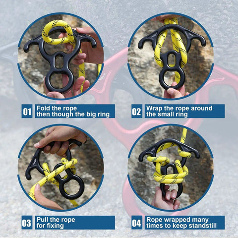 Step-by-step guide using 50KN Rescue Figure Belay Device For Rock Climbing Built Tough With Bent-Ear Descender Large Belay Slot.