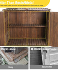 Outdoor Storage Cabinet And Trash Can Shed With Metal Frame And Solid Wood Panels Durable Garden Organizer open with shelves visible
