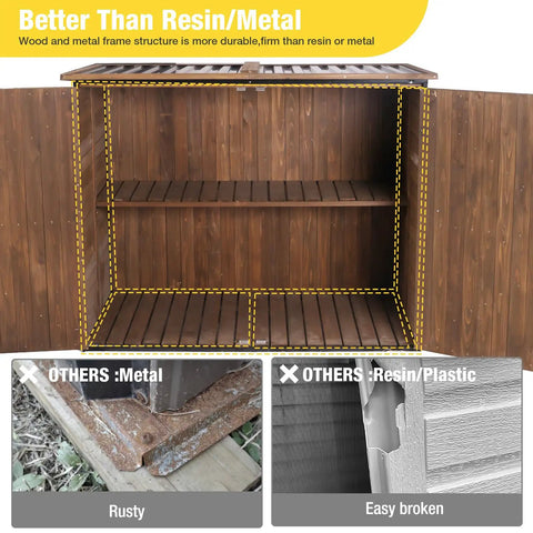Outdoor Storage Cabinet And Trash Can Shed With Metal Frame And Solid Wood Panels Durable Garden Organizer open with shelves visible