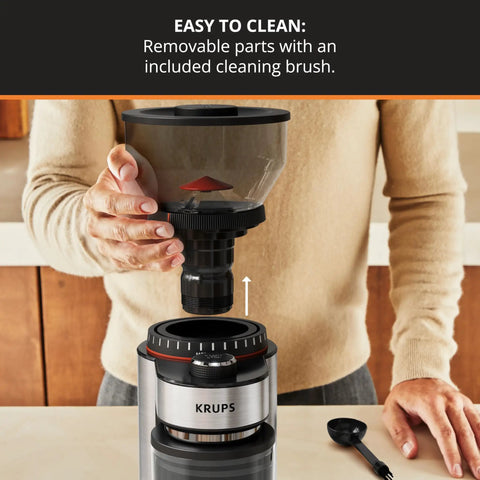 Game Changer Flat Burr Coffee Grinder delivering eighteen precision grind options with removable hopper for easy cleaning.