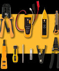 All-In-One 15-In-1 Network Tool Kit for Ethernet Cabling with RJ45 crimp tool, tester, wire stripper, and other tools in yellow and black.