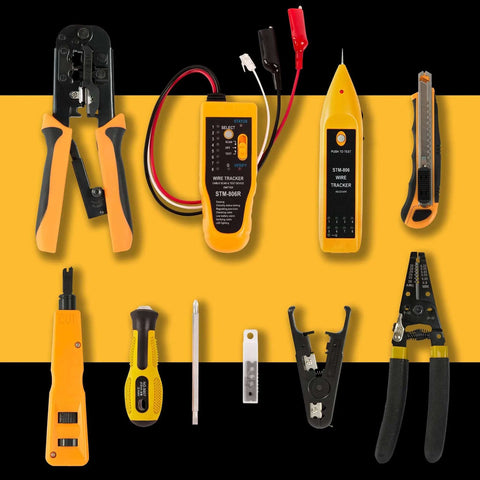 All-In-One 15-In-1 Network Tool Kit for Ethernet Cabling with RJ45 crimp tool, tester, wire stripper, and other tools in yellow and black.