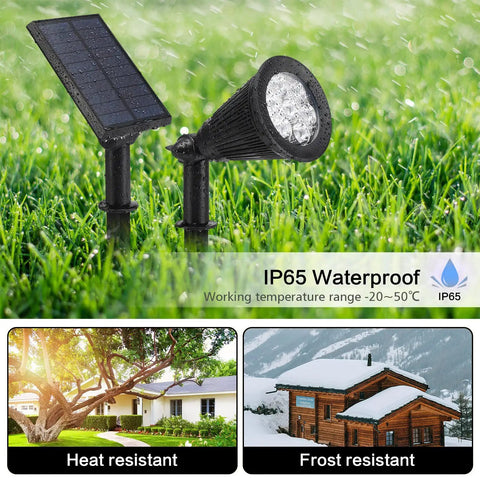 Ultra Bright Solar Spot Lights Outdoor With 7 LEDs And Upgraded Panel, IP65 waterproof in garden showing heat and frost resistance