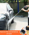 Heliwoo pressure washer adapter set with brass quick-connect fittings; man washes car with spray wand on driveway
