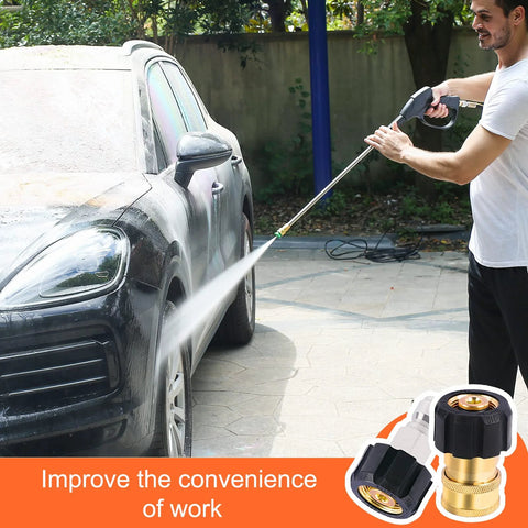 Heliwoo pressure washer adapter set with brass quick-connect fittings; man washes car with spray wand on driveway