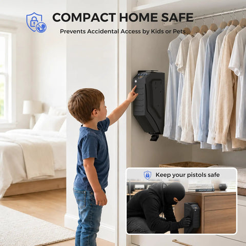 Child accessing Biometric Pistol Safe With Three Ways Quick Access No Fuss Auto Open Lid Fingerprint And Digital Pin Key UL1037