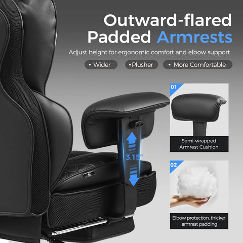 Big And Tall Gaming Chair With Retractable Footrest And Pocket Spring Lumbar Support And Heavy Duty 400 Pound Capacity Office Seat built tough showing adjustable padded armrests.