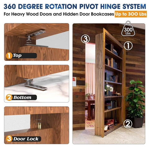 Image showing Hidden Pivot Hinges For Heavy Duty Wood Doors Up To 300 Lb Side Mount Invisible Door Hardware Stainless Steel Rustproof Ball Catch Kit For Secret Bookcase Doors And Hidden Closet Entry installed on a wooden bookcase door.