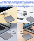 USB C External SuperDrive For Mac Slot In DVD RW Drive Aluminum Space Grey Compatible With Apple MacBooks Desktops Ultra Slim Aluminum Casing With Fingerprint Resistant Finish And Easy Plug And Play USB C Connection on MacBook