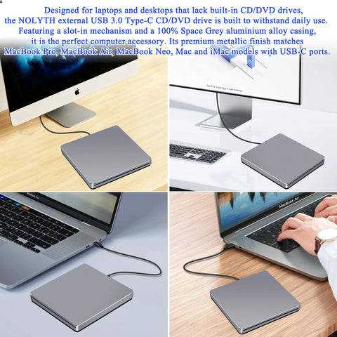 USB C External SuperDrive For Mac Slot In DVD RW Drive Aluminum Space Grey Compatible With Apple MacBooks Desktops Ultra Slim Aluminum Casing With Fingerprint Resistant Finish And Easy Plug And Play USB C Connection on MacBook