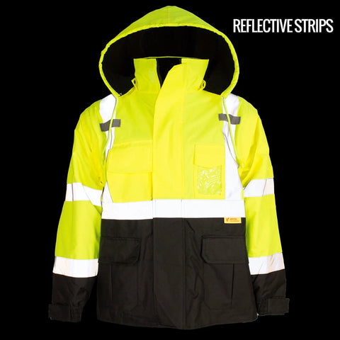 Hi Viz Safety Bomber Jacket With Detachable Sleeves For Work, ANSI Class 3 High Visibility, Lime, Large, front view with hood