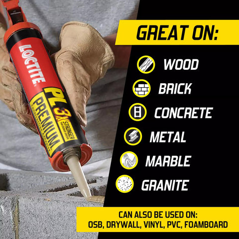 Person using Premium Polyurethane Construction Adhesive 10 Fl Oz Cartridge 1 Pack 3X Stronger Bond For Wood Concrete Stone Metal And More