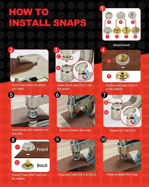 Step-by-step guide to using Heavy Duty Snap Fastener Tool Kit With Built In Hole Punch, 40 Sets Four Color Metal Snaps For Boat Cover Repair.