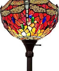 Upright Tiffany Style Floor Lamp With Dragonfly Stained Glass Shade Standing 74 Inch Tall Handcrafted Antique Bronze Finish