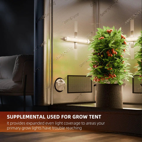 Full Spectrum LED Grow Light Bars Kit For Indoor Gardens And Grow Tents illuminating a green plant in a grow tent, waterproof design
