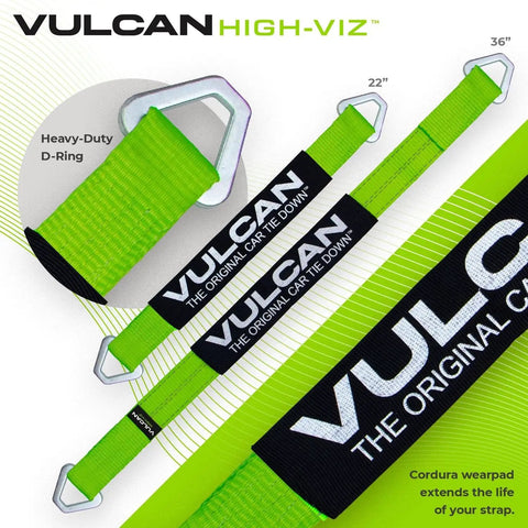 Heavy Duty Axle Tie Down Kit Featuring Hella Bright Neon Green 2 Inch Webbing And Reliable Wire J Hook Ratchet Straps For Secure Hauling On Rough Road Trips with D-Ring
