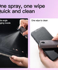 Two In One Screen Cleaner Spray And Wipe Kit For Phones Tablets Laptops TVs Monitors And Car Screens Pink Lipstick Size in use