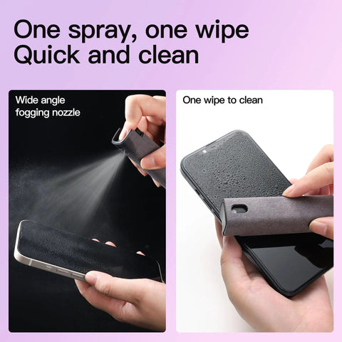 Two In One Screen Cleaner Spray And Wipe Kit For Phones Tablets Laptops TVs Monitors And Car Screens Pink Lipstick Size in use