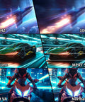 200Hz rocket, 100Hz rocket, OD 1ms car, MPRT 5ms car, Fast VA motorcycle, Normal VA motorcycle displayed on monitor gaming setup.