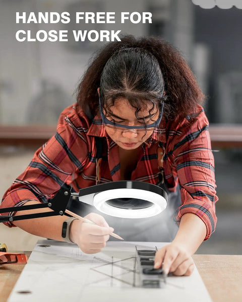 Hands Free Desk Magnifier With Light 10X And 5X Real Glass Anti Glare Lens, used by woman crafting at desk