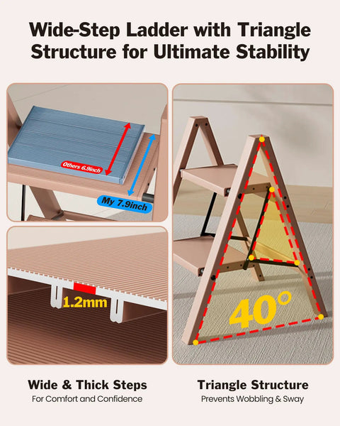 Compact 2 Step Stool Foldable Aluminum Ladder For Home And Garage, 7.9-inch wide steps and triangle structure