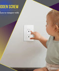 No-Fuss Screwless Decorator Wall Plate 1-Gang White Outlet Cover For Kids shown with toddler pointing at outlet cover.