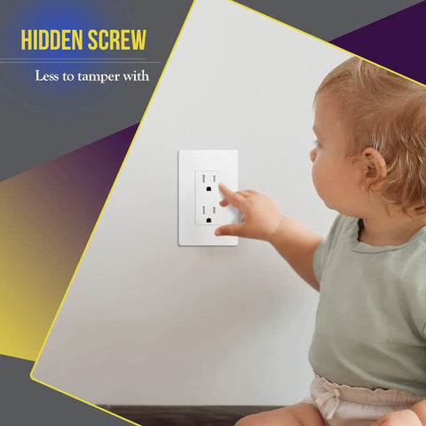 No-Fuss Screwless Decorator Wall Plate 1-Gang White Outlet Cover For Kids shown with toddler pointing at outlet cover.
