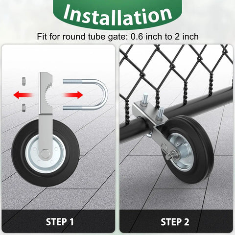 Installation steps for Heavy Duty Gate Wheels Two Pack Slick Support Casters For Metal Swing Gates fitted on round tube gates.
