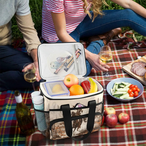 Desert Cowboy Inspired Insulated Lunch Bag With Adjustable Shoulder Strap 15L cooler tote at picnic with fruits and drinks