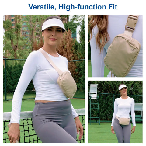Model wearing Everywhere Two Way Zipper Fanny Pack Nylon Waist Bag For Women With Adjustable Strap Water-Resistant Crossbody Belt Pack