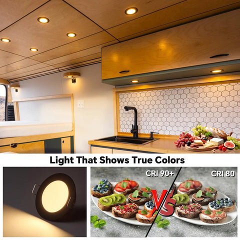 Interior view of an RV showcasing the Ultra Slim 12V Led Ceiling Puck Light With Sweet Dimming Controls For Rv Camper Van Trailers.