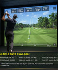 Golfer hitting shot on 3D Air Mesh Golf Impact Screen for home practice, HD projection showing golf course, various size options.